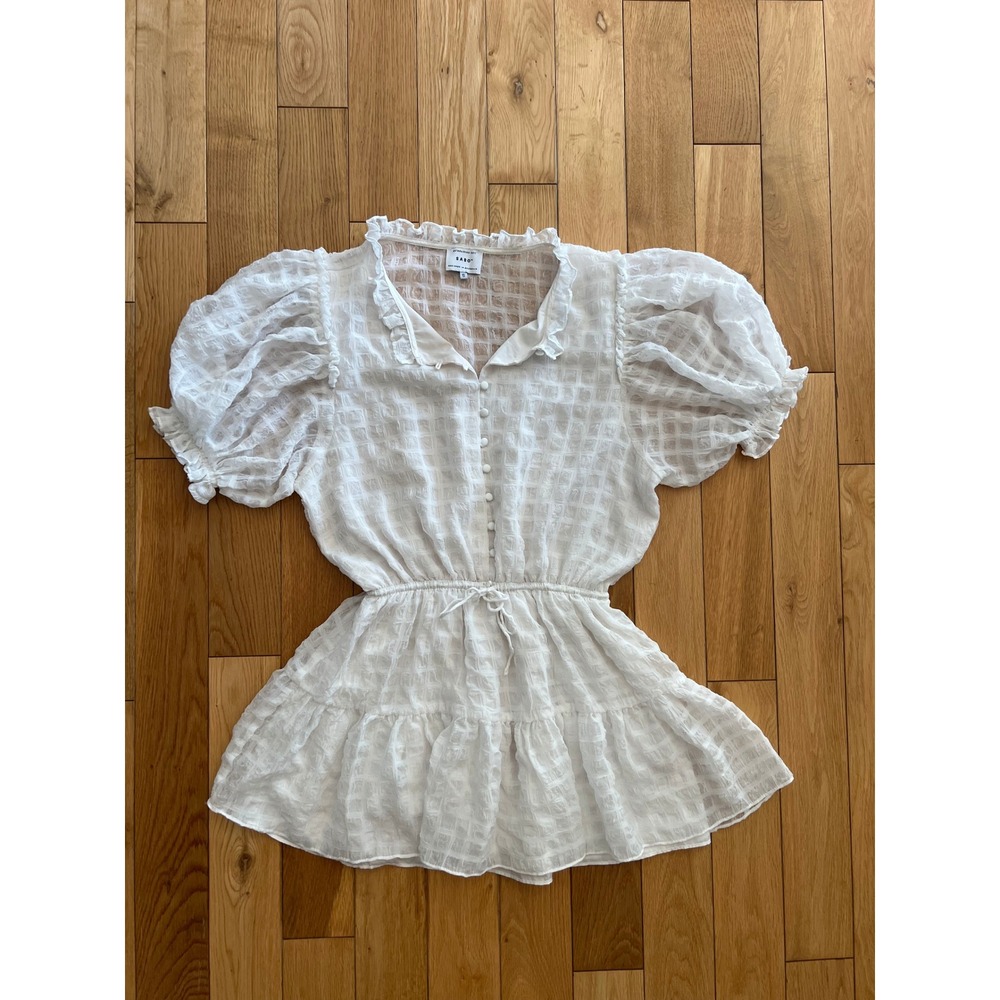 SABO Women's White Puff Sleeve Textured Button Front Mini Dress Size Small
